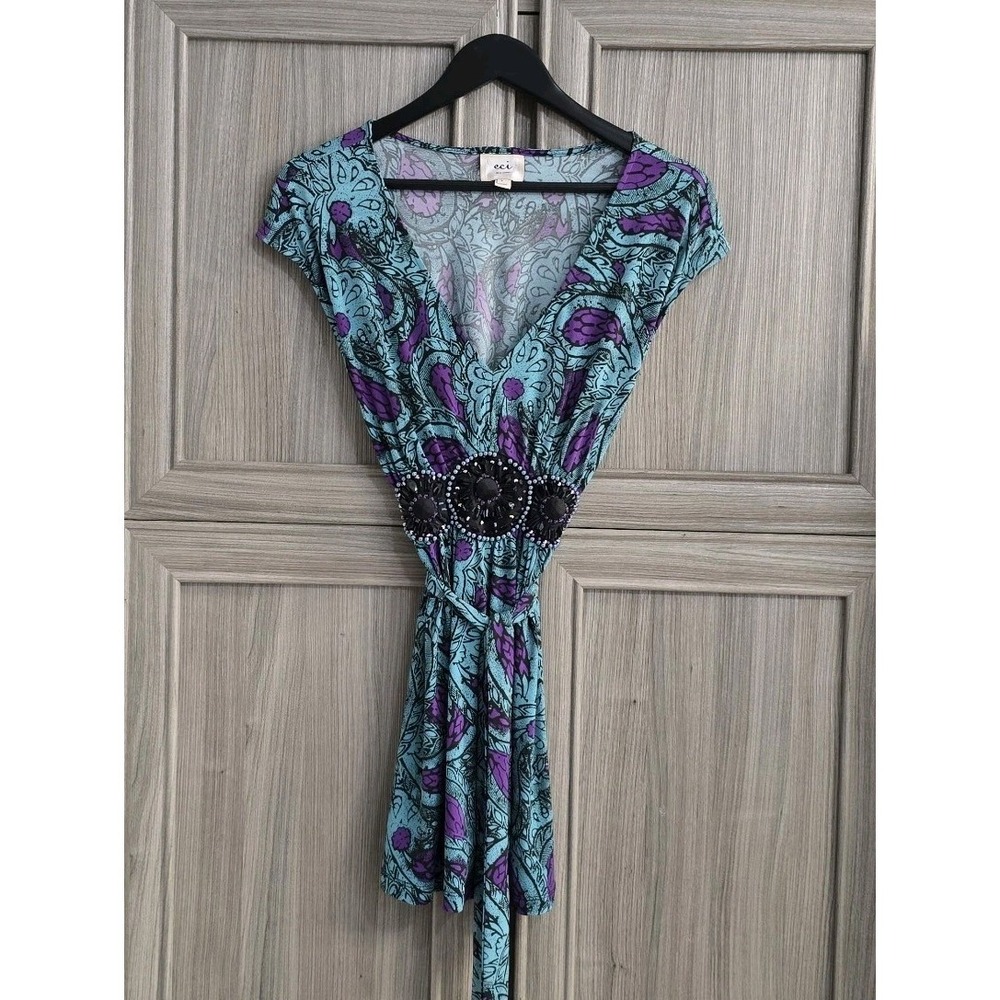 ECI New York Womans Belt/Bow Dress/Blouse Sz Large Multicolor Embellished